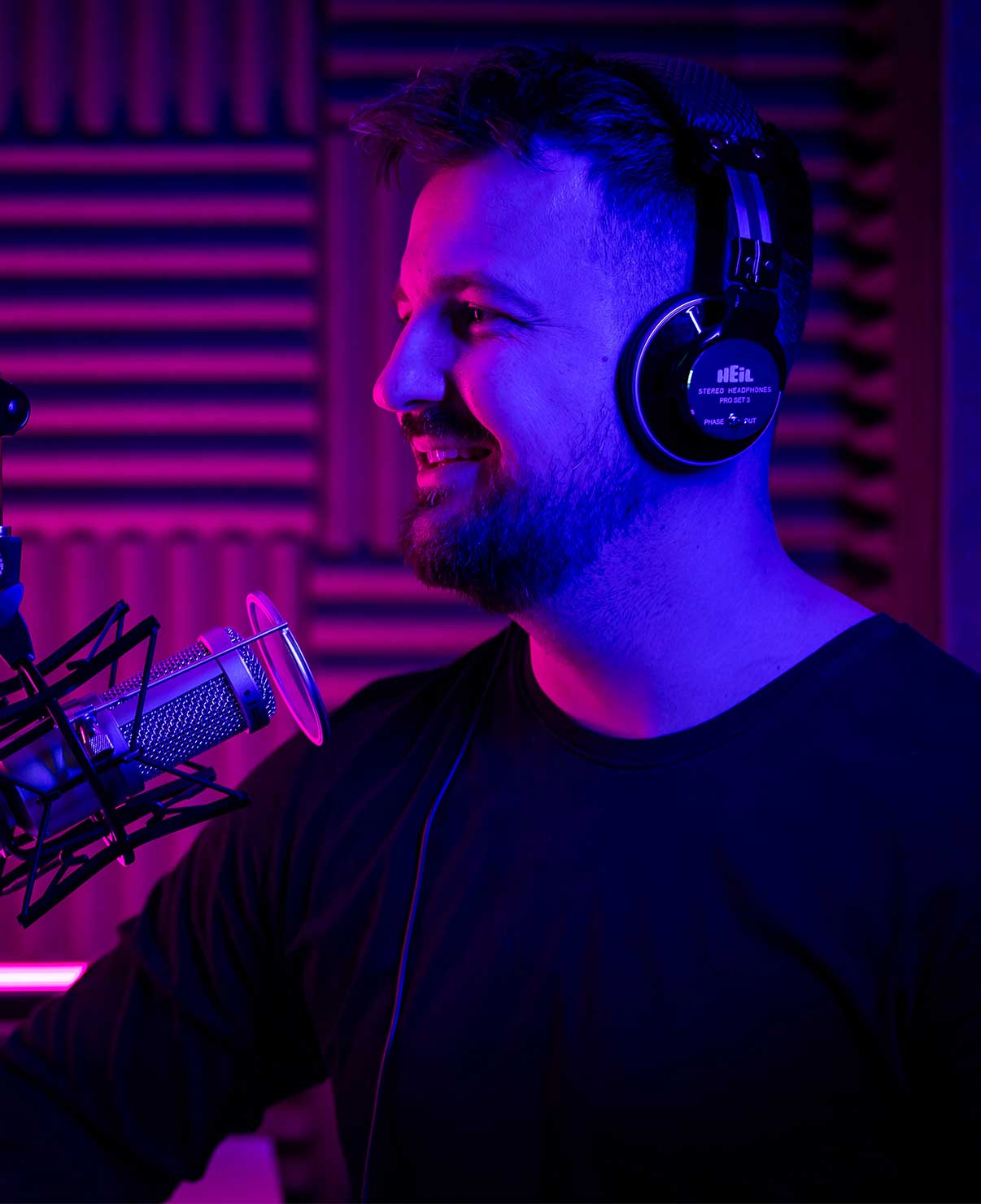 Mark Asquith recording a podcast at Rebel Base Media's podcast recording studio in Sheffield, U.K.